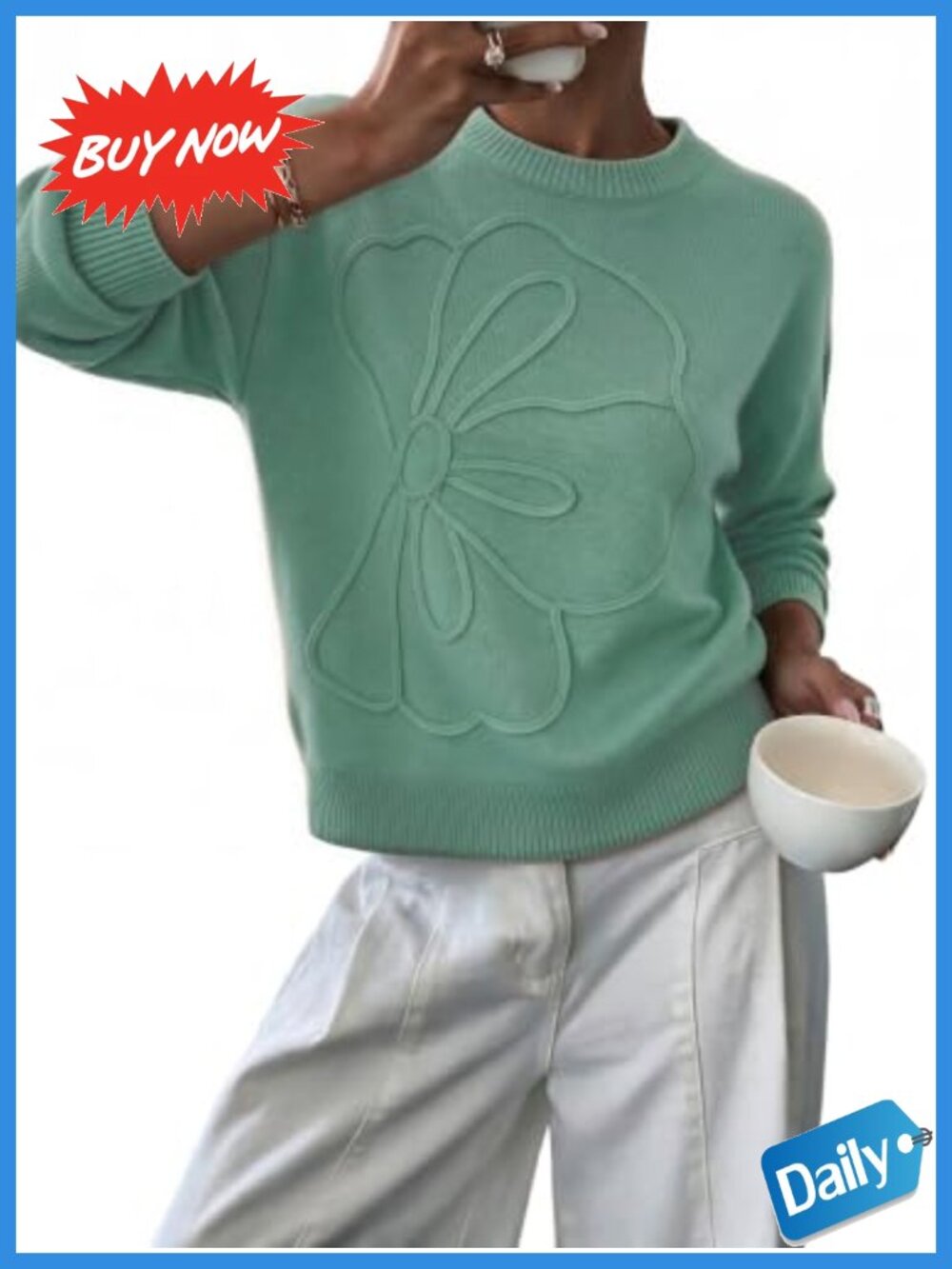 Oversized 3D Floral Pullover Sweater 100% Cotton Crew Neck